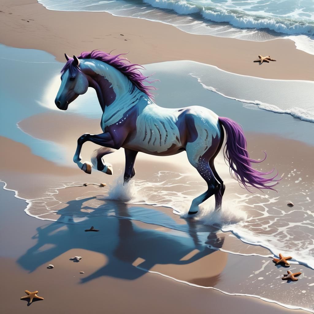 Majestic Water Horse on Serene Beach: Digital Painting