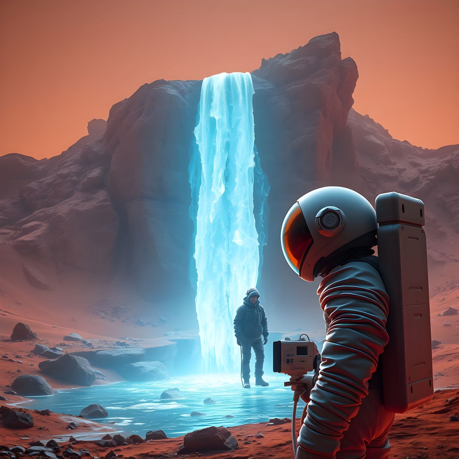 Cosmic Oasis on the Red Planet in Neon-Lit Spacesuit Scene