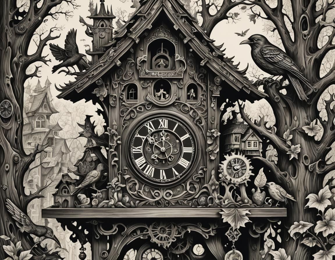 Surreal Cuckoo Clock in Pen and Ink Style