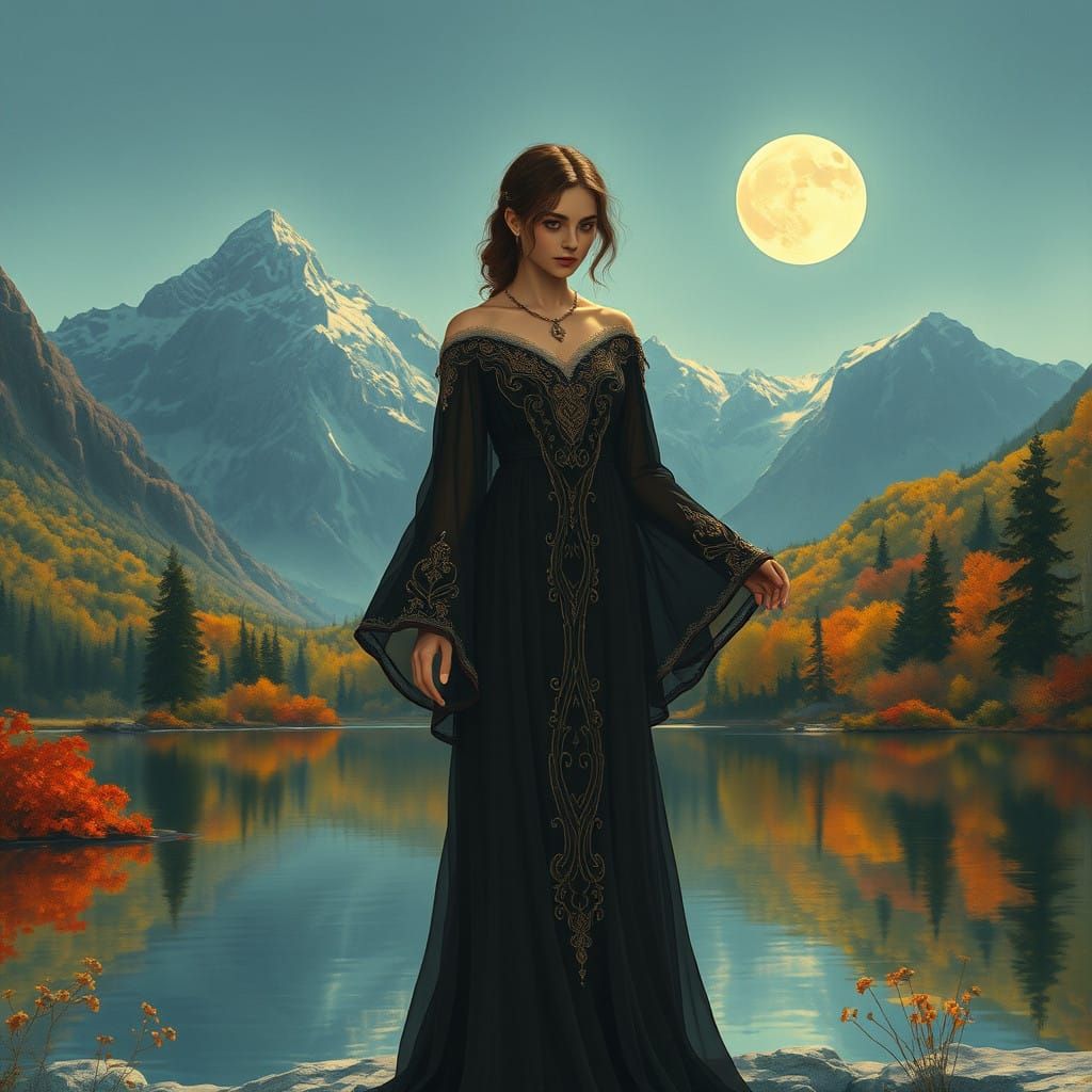 Ethereal Woman Amidst Moonlit Mountains in Art Nouveau Style