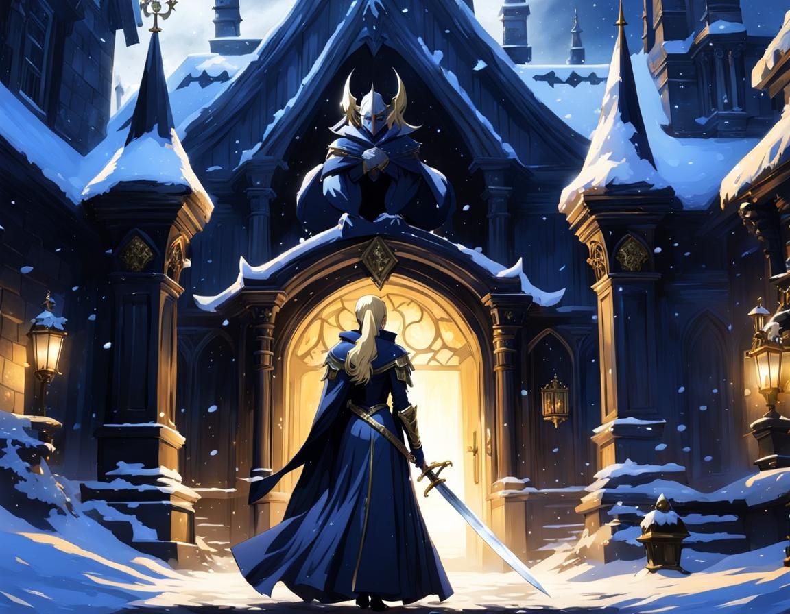 Anime Girl at Haunted Mansion in Snowy Night