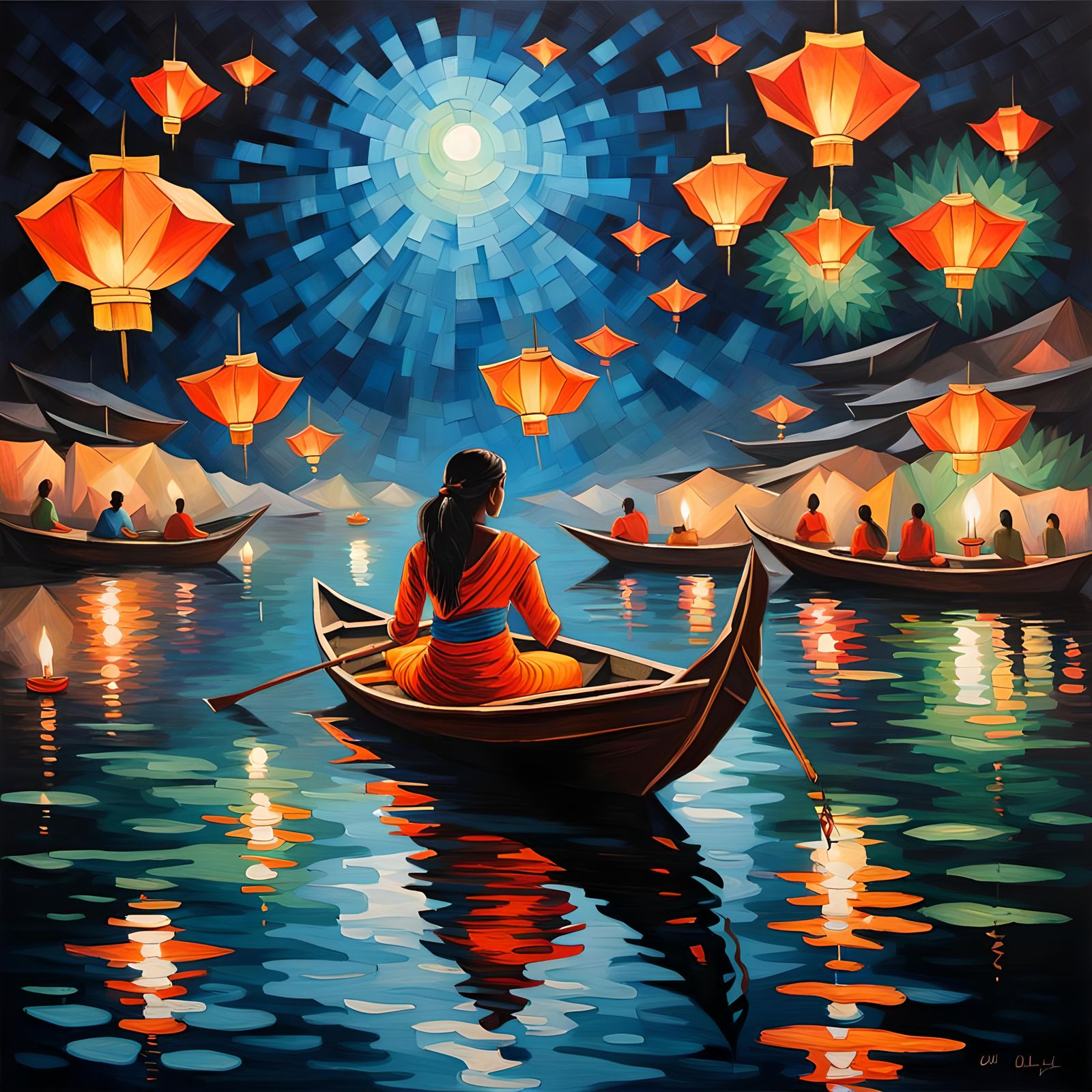 young woman in low profile boat on river, many calming light...