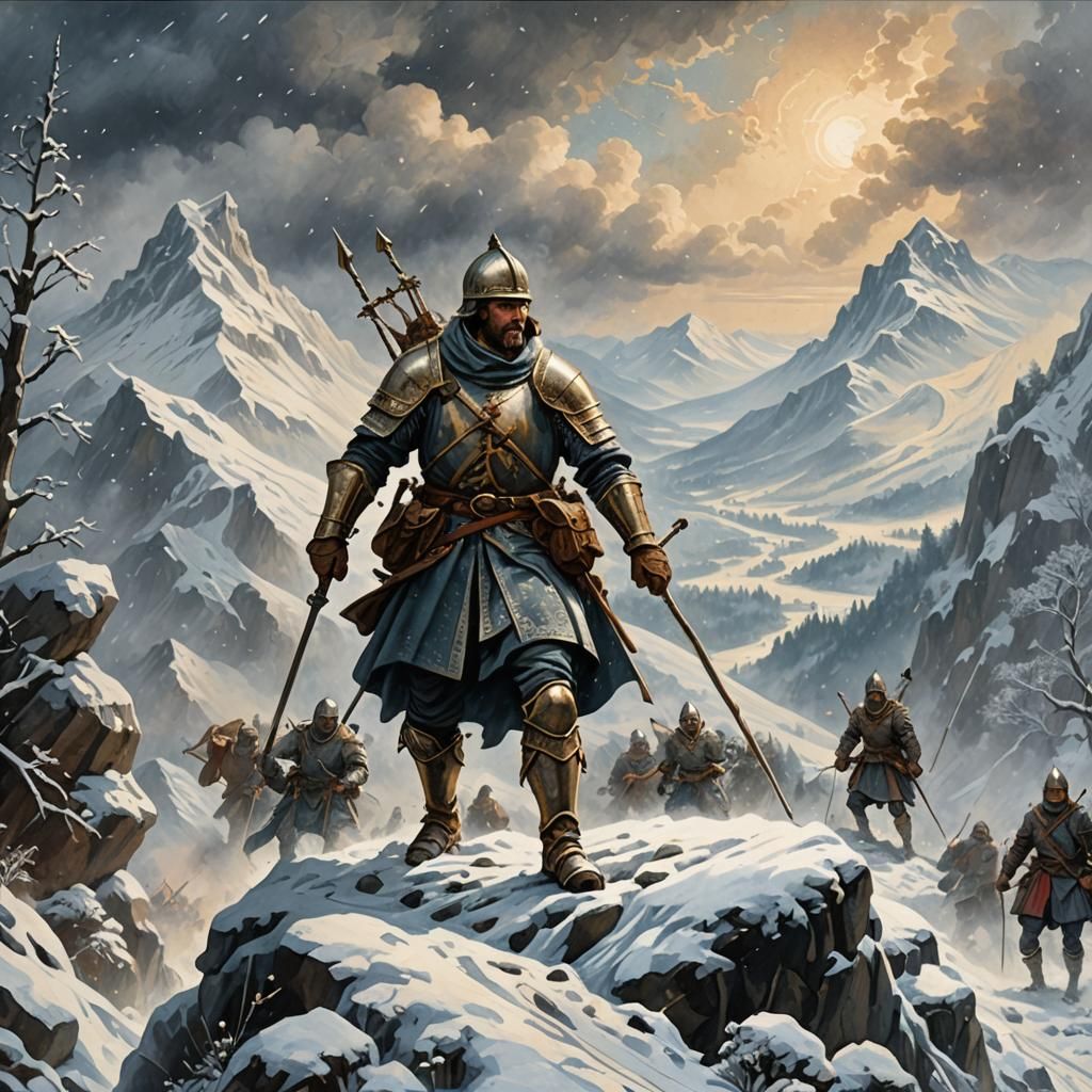 Pikeman's Ascent: Medieval Tapestry of Mountain Conquest