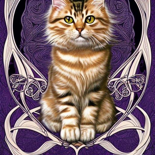 Fluffy Tabby Cat in Art Nouveau Comic Style