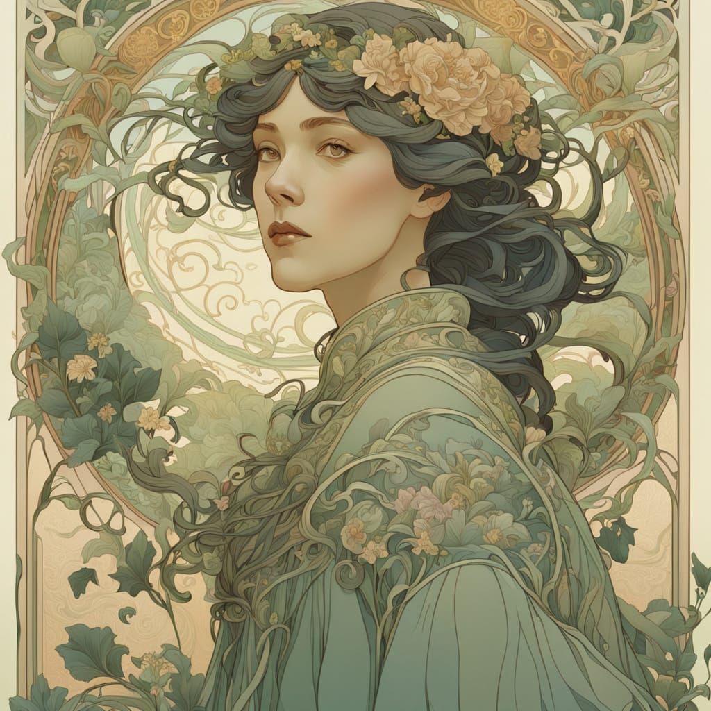 Elegant Woman in Ornate Art Nouveau Garden