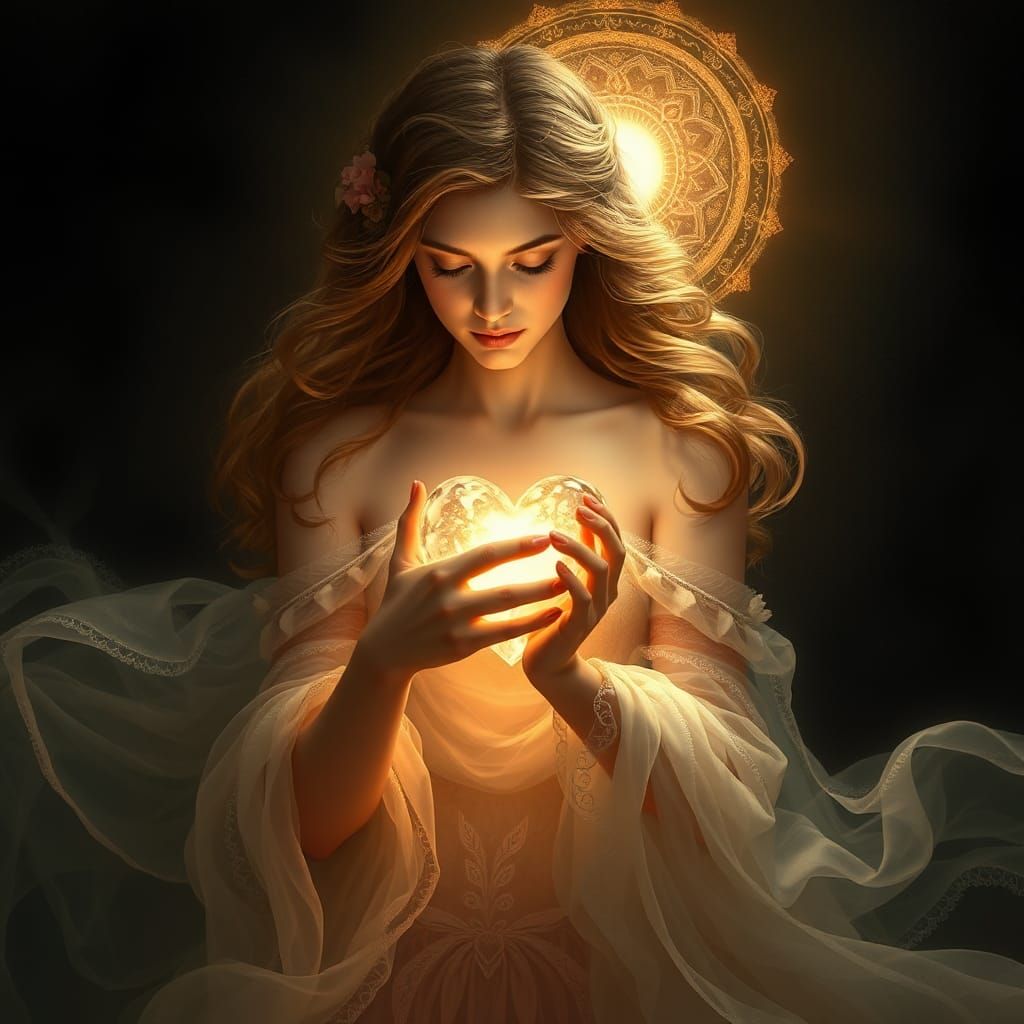 Dreamlike Maiden with Crystalline Heart, Baroque Digital Art