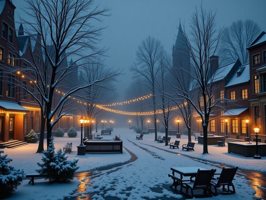 Bustling Winter City Square with Twinkling Lights
