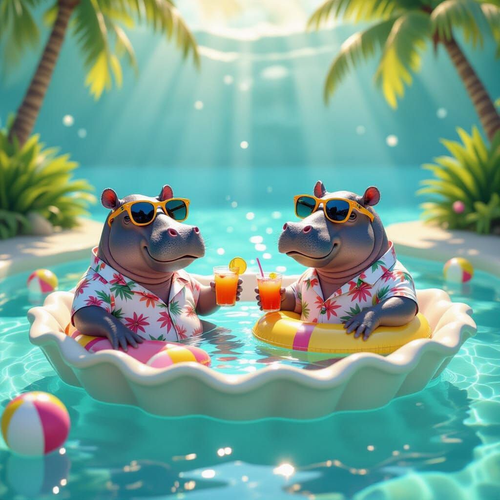 Hippos Pool Party in Seashell, Digital Art