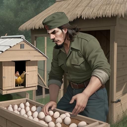 Che Guevara gathering eggs in a chicken coop