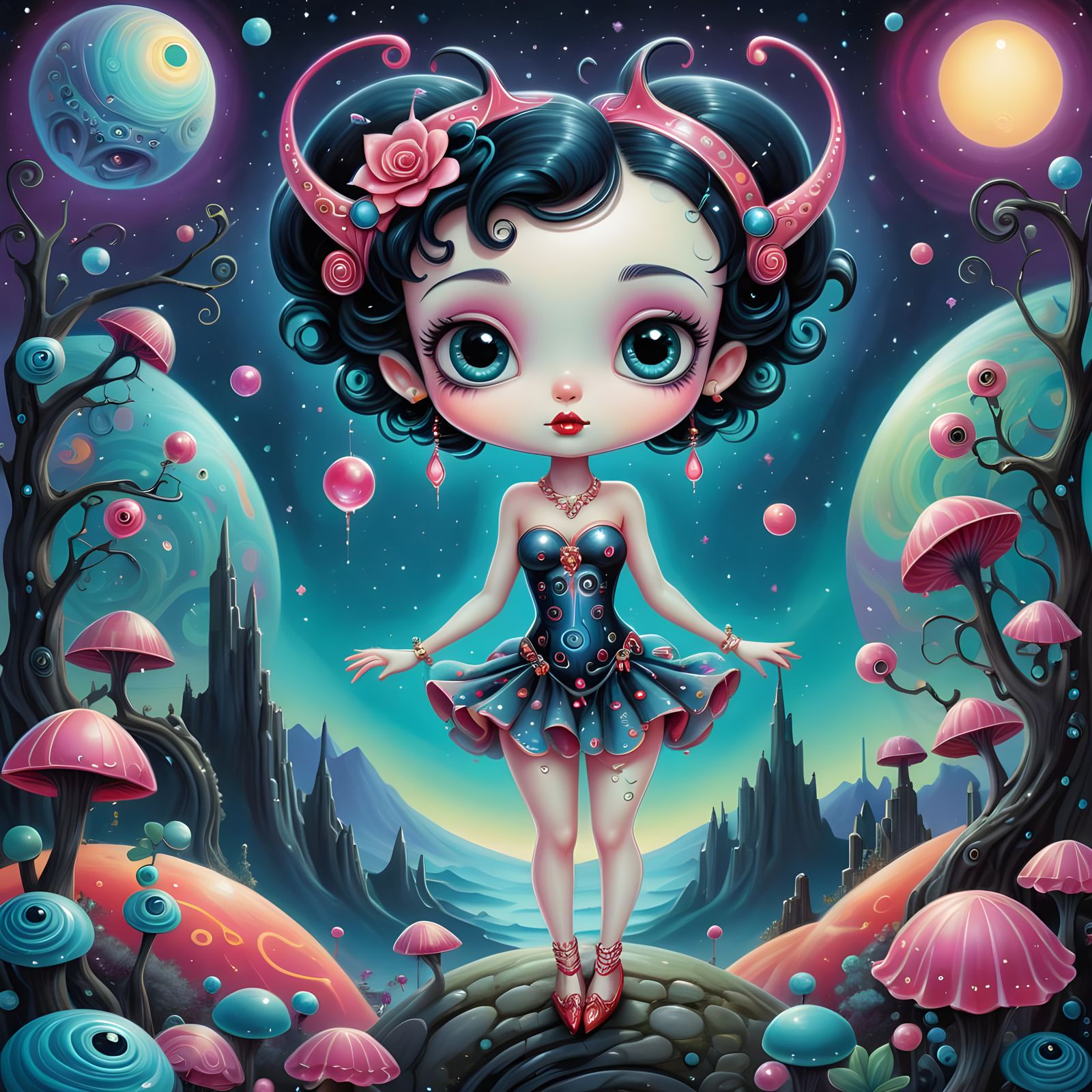Whimsical Alien Betty Boop Chibi on Fairytale Planet