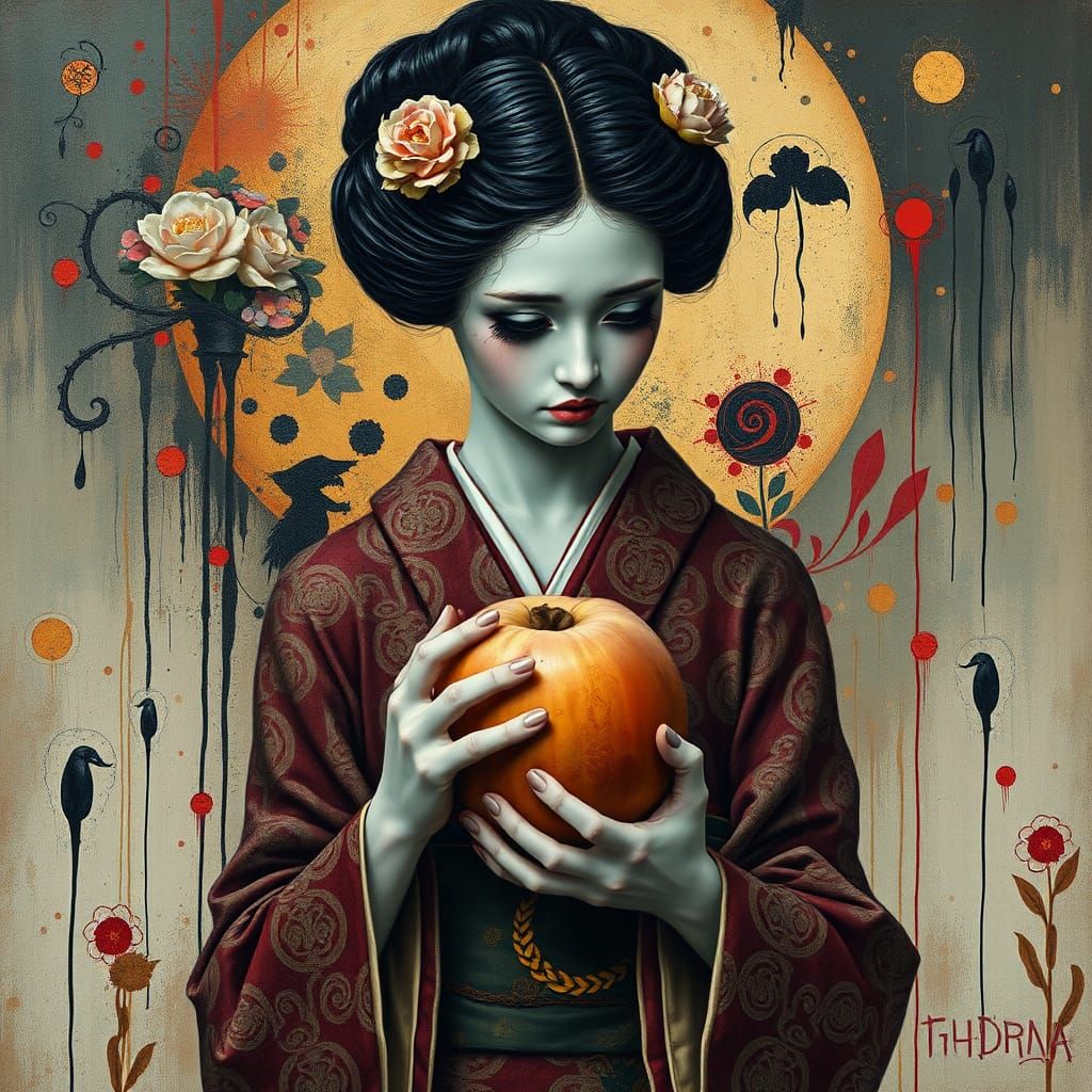 Geisha with Decaying Peach: Surreal Art Nouveau Vision