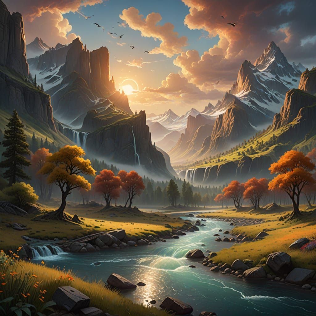 Lush Valley Landscape in the Style of Bierstadt