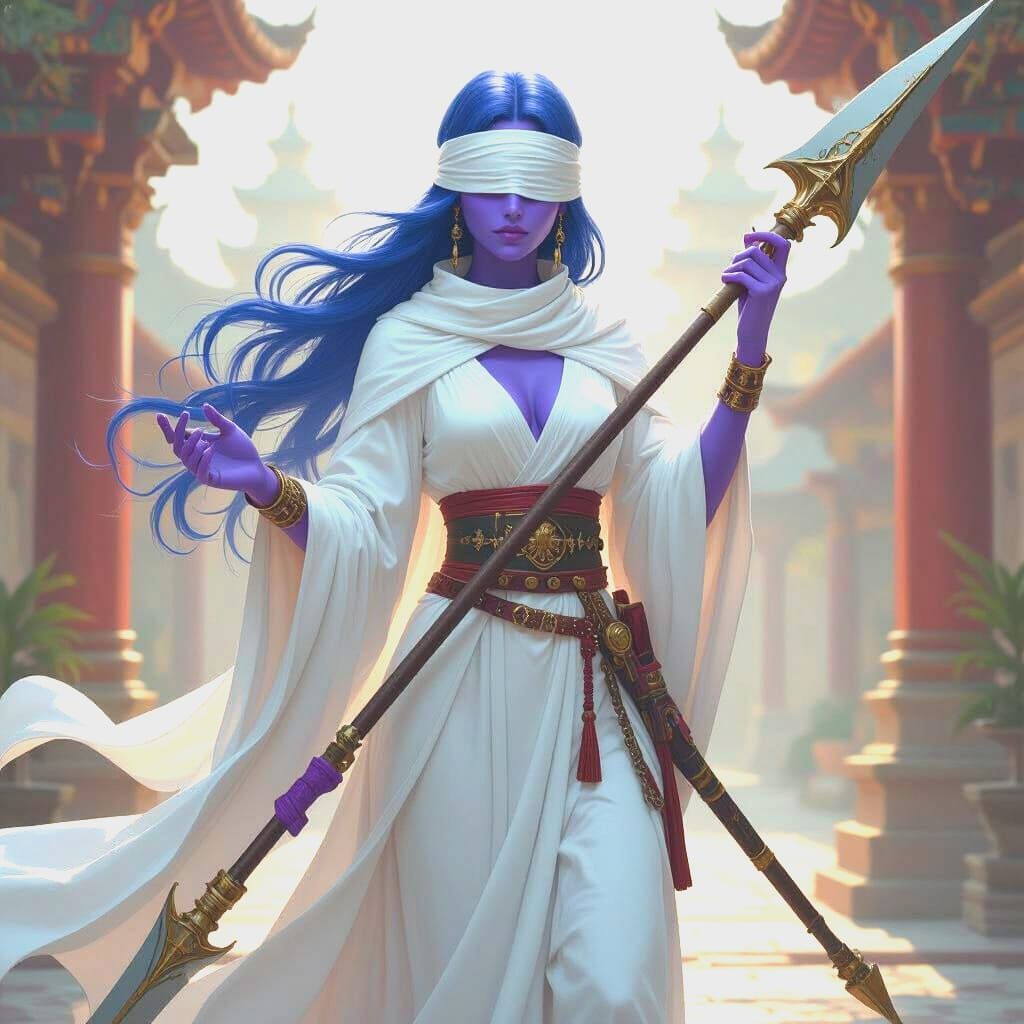 Mysterious Woman with Purple Skin and Halberd in Temple