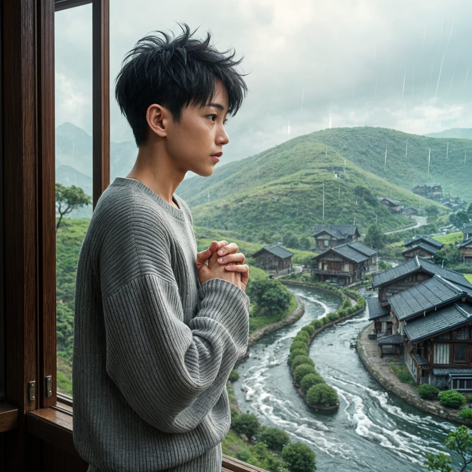 Asian Boy Watches Rainy Landscape: Detailed Digital Art