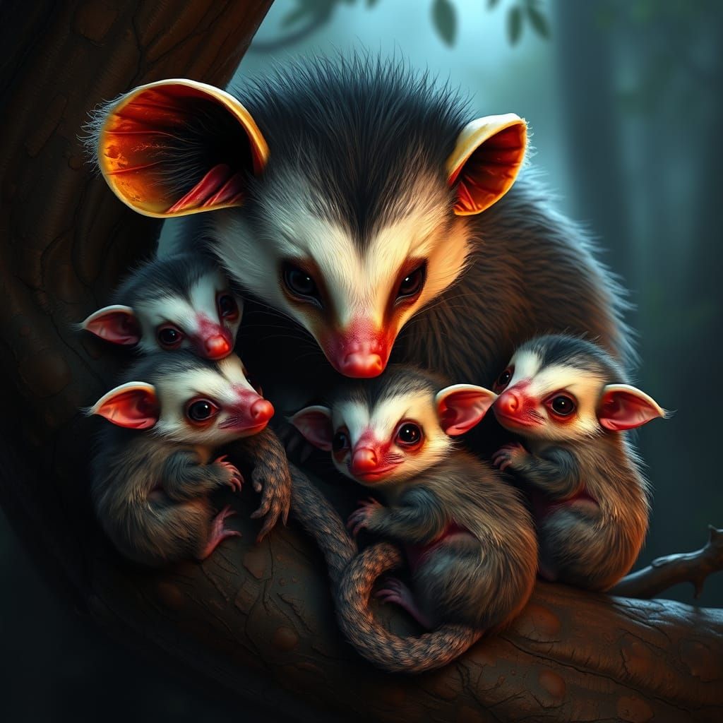 Fantastical Opossum Mother with Adorable Babies in a Vibrant...