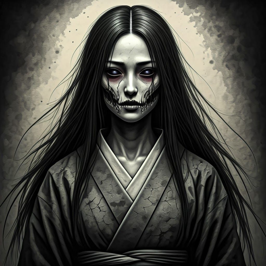 Surreal Japanese Woman in Darkened Kimono with Ominous Stain...