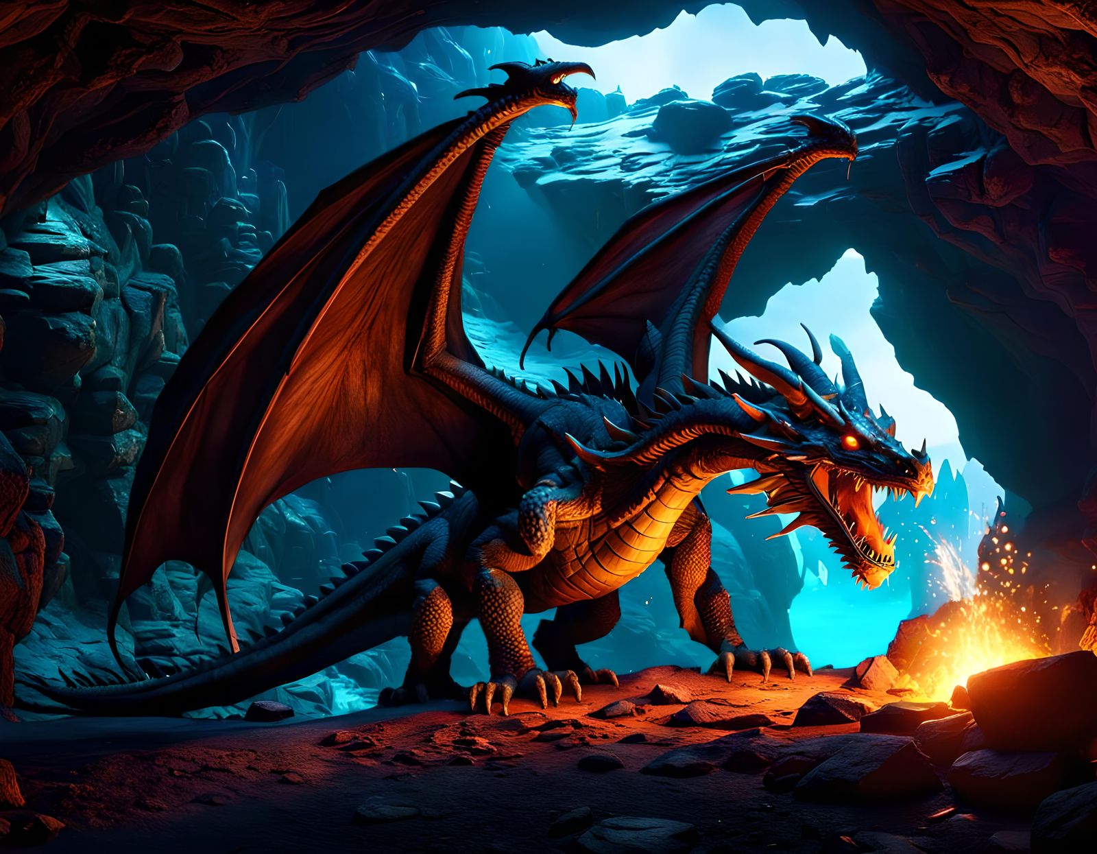 Hyperrealistic Dragon in Cave with Beautiful Lighting