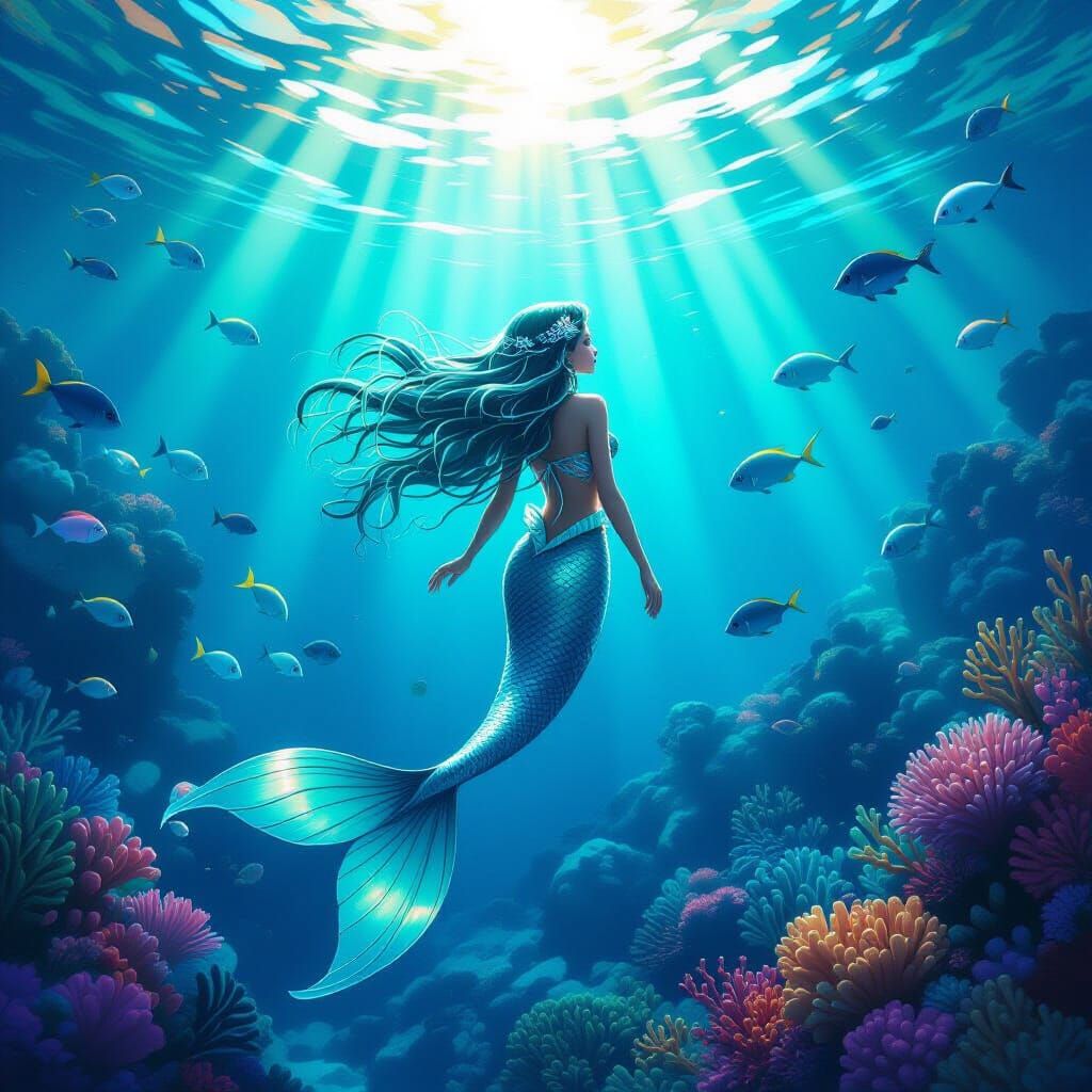 Mermaid Swimming Through Coral Reef in Fantasy Realism Style