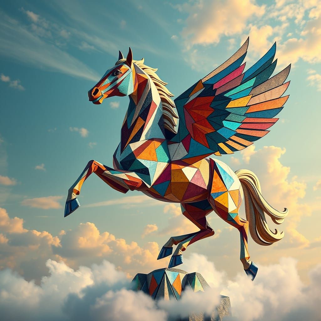 Flying Horse Sculpture in Neo-Cubist Style
