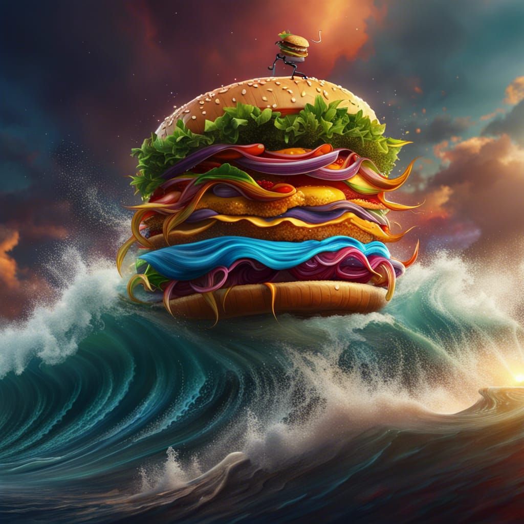 Hamburger Surfing Waves: Detailed Digital Fantasy Art