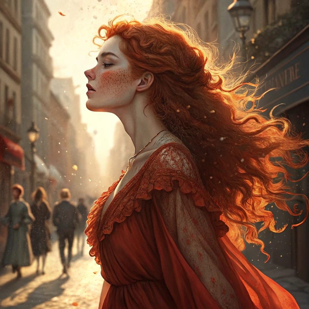 Romantic Redhead Strolls Through City in Vibrant Crimson Dre...