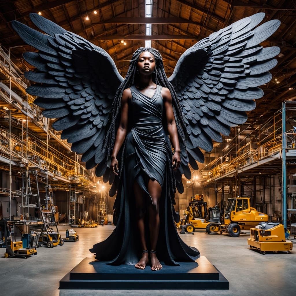 Monumental Stone Sculpture of Black Woman with Angel Wings
