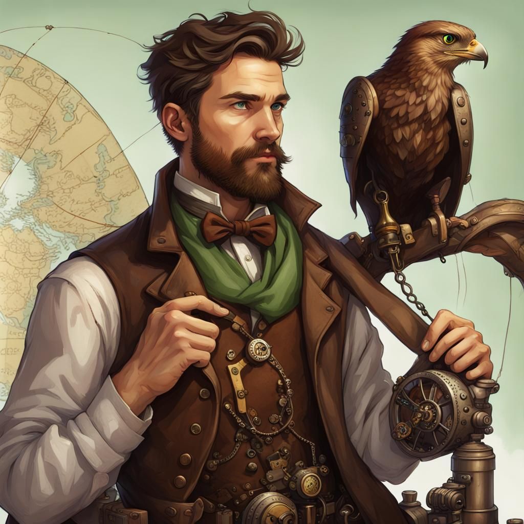 Steampunk Cartographer with Hawk