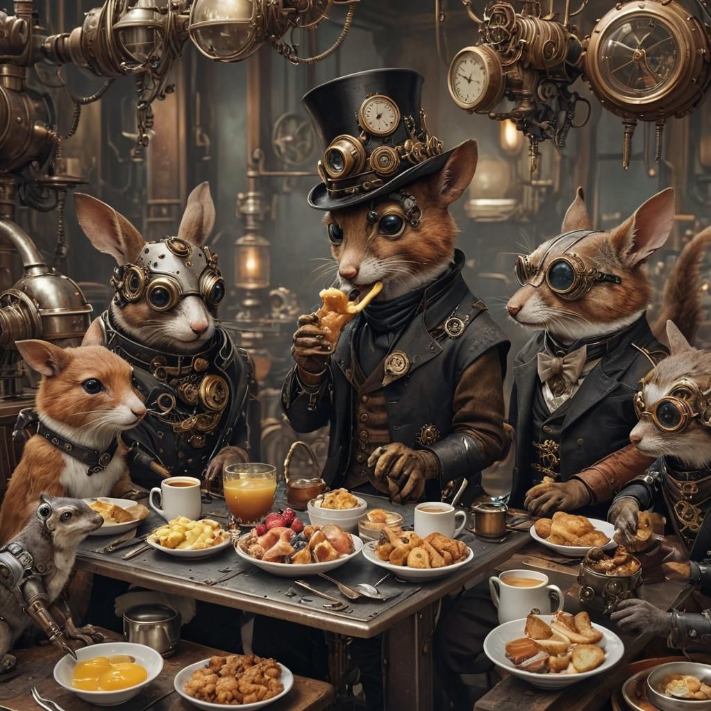 Steampunk Animals Enjoying a Futuristic Breakfast