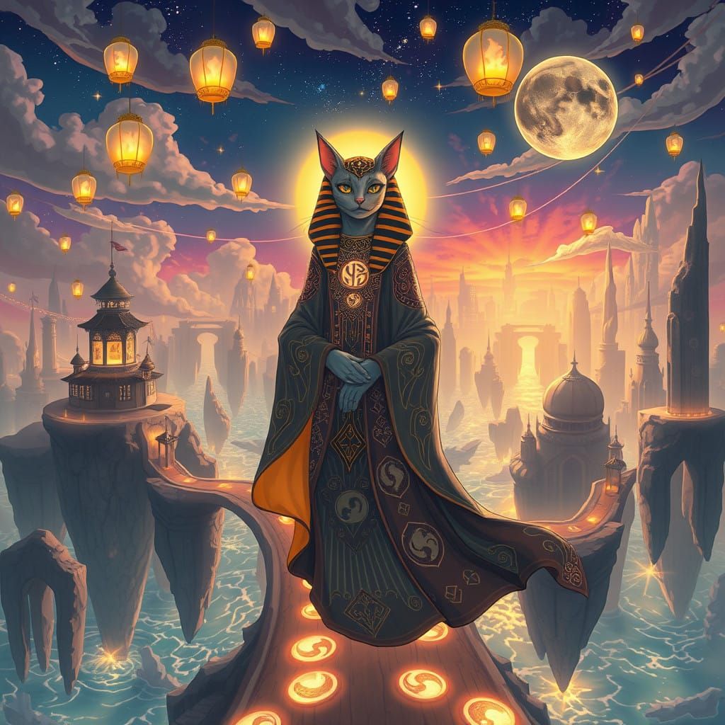 Surreal Floating City with Mystic Sphinx Cat Liora, Inspired...