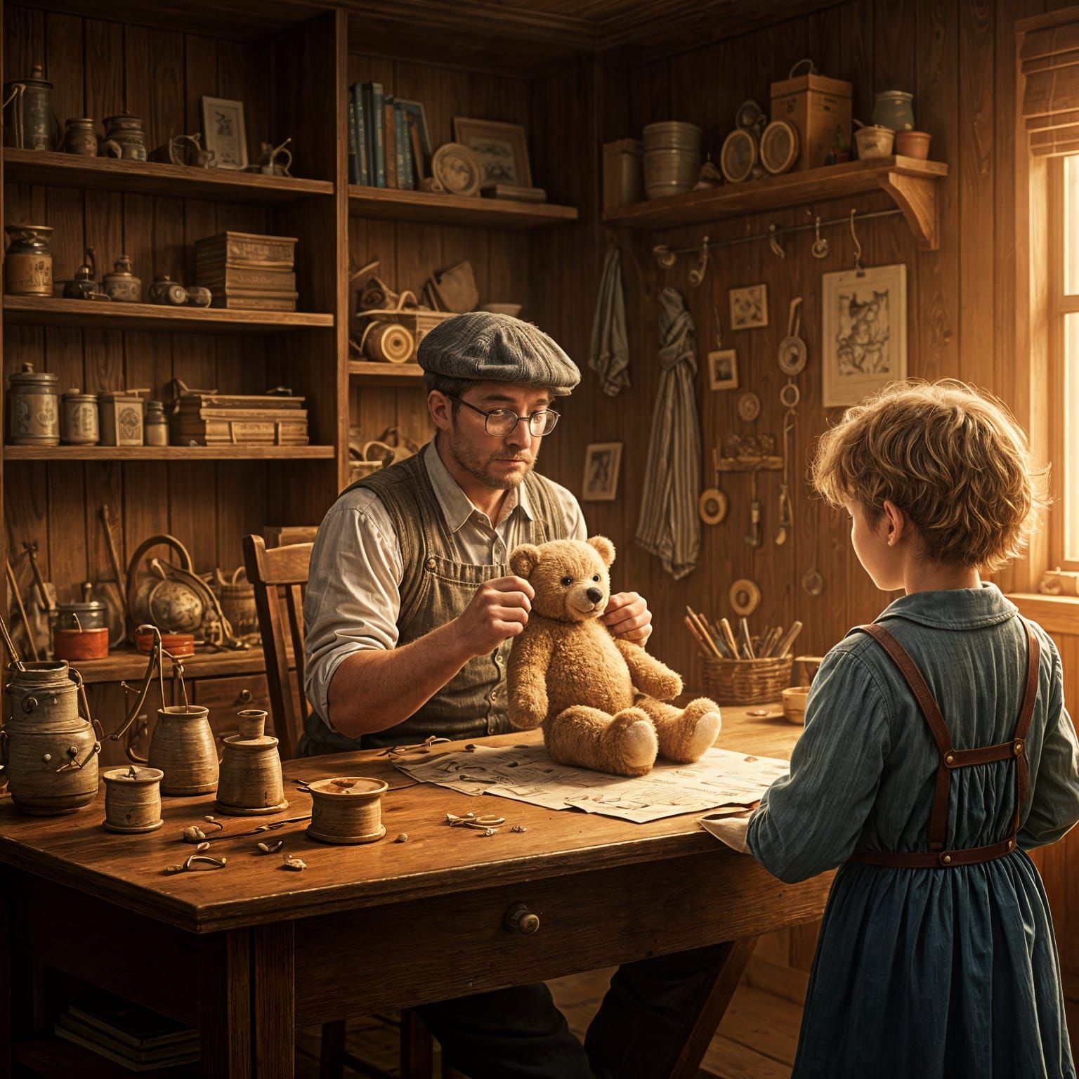 Teddy Bear Invention: Heartwarming Storybook Illustration