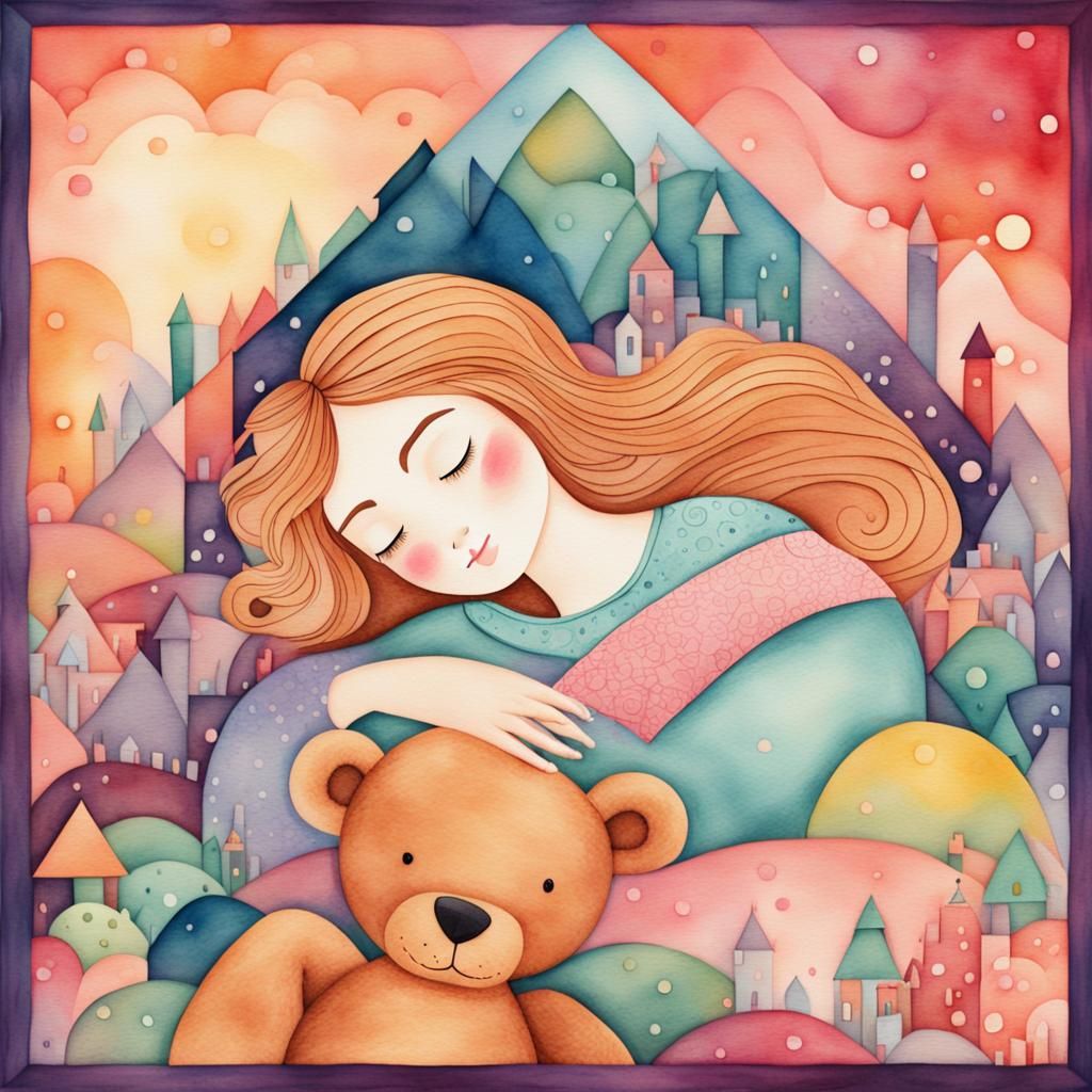 Princess Asleep with Teddy Bear: Watercolor Papercut