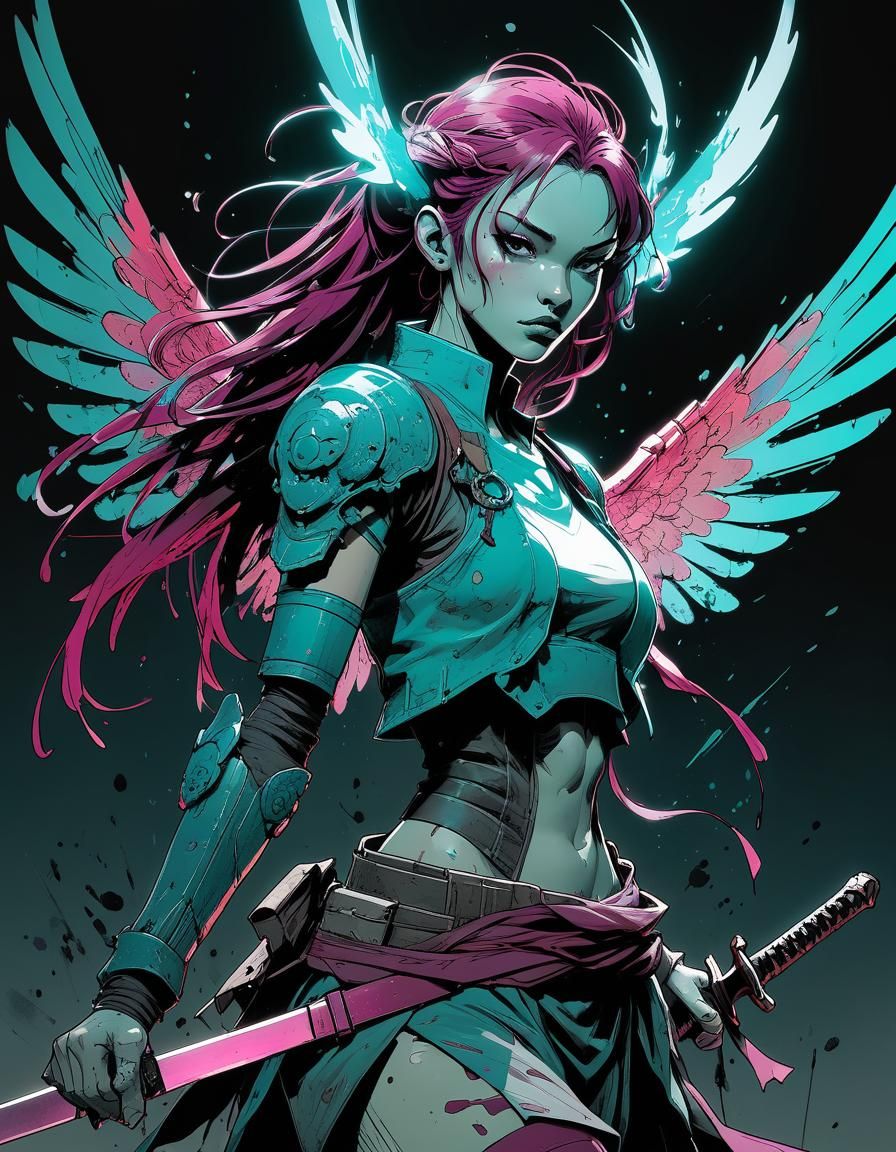 Anime Fairy with Sword in Comic Book Style