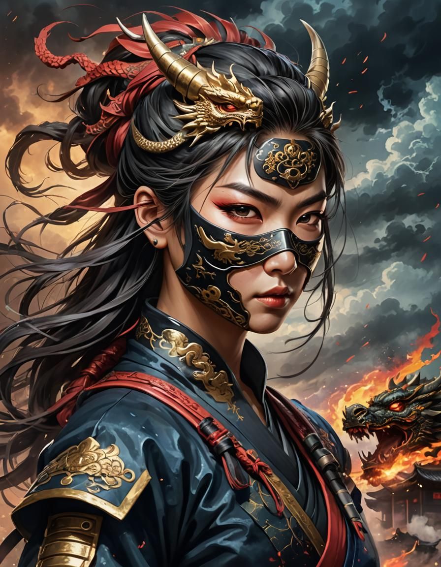 Ninja Shogun Portrait with Dragon in Hyperrealistic Style