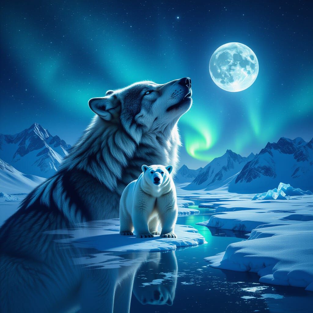 Wolf and Polar Bear Double Exposure in Arctic Night