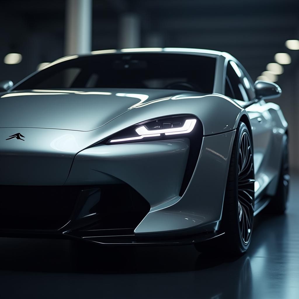 Futuristic Silver Sedan Car in Hyperrealistic Portrait