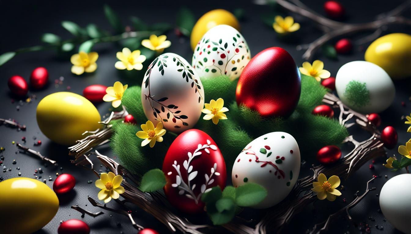 Futuristic Easter Greeting with Decorated Eggs