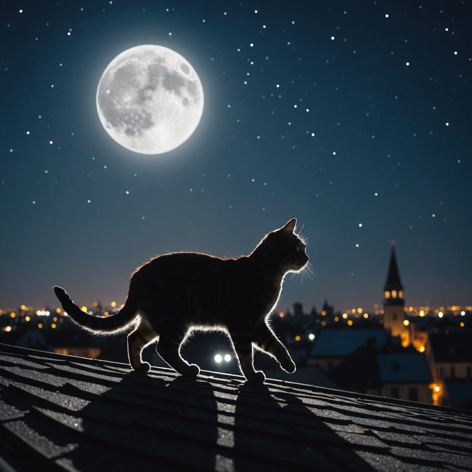 Cat Silhouette on Roof at Night Under Moon