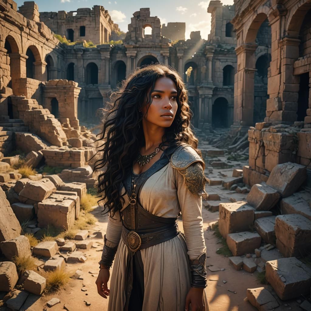 Mystical Girl in Post-Apocalyptic Ruins: Hyperrealistic Art