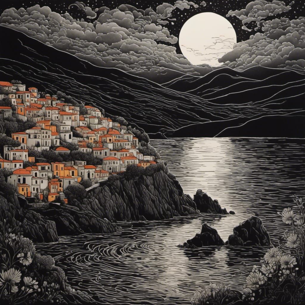 Moonlit Greek Island in Palekh Style