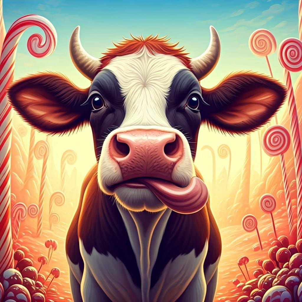 Whimsical Cow in Candyland Gouache Painting