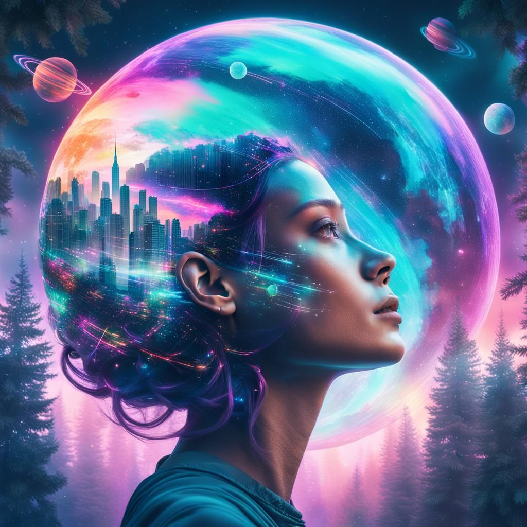 Cyberpunk Girl's Galaxy Dream on Forest Planet