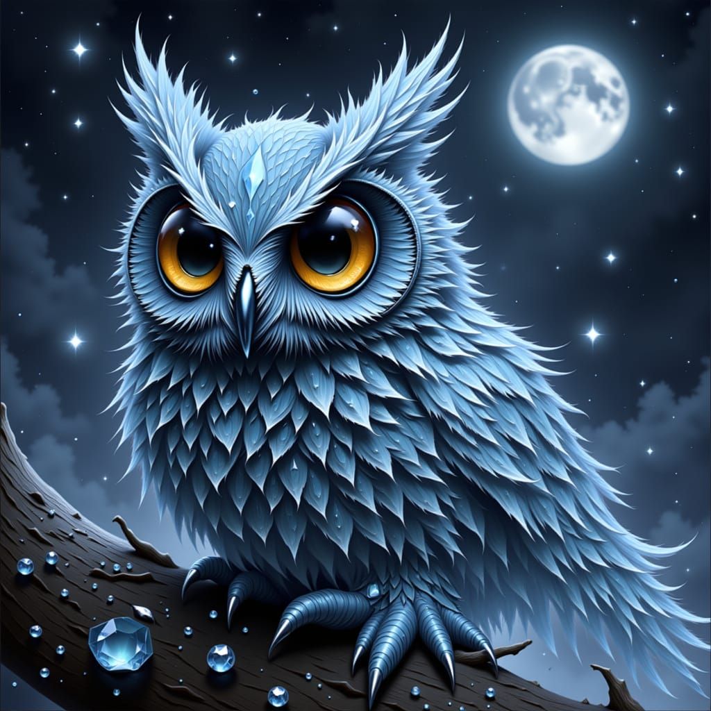 Chrome Owl Posing in Flowing Robes Under Night Sky