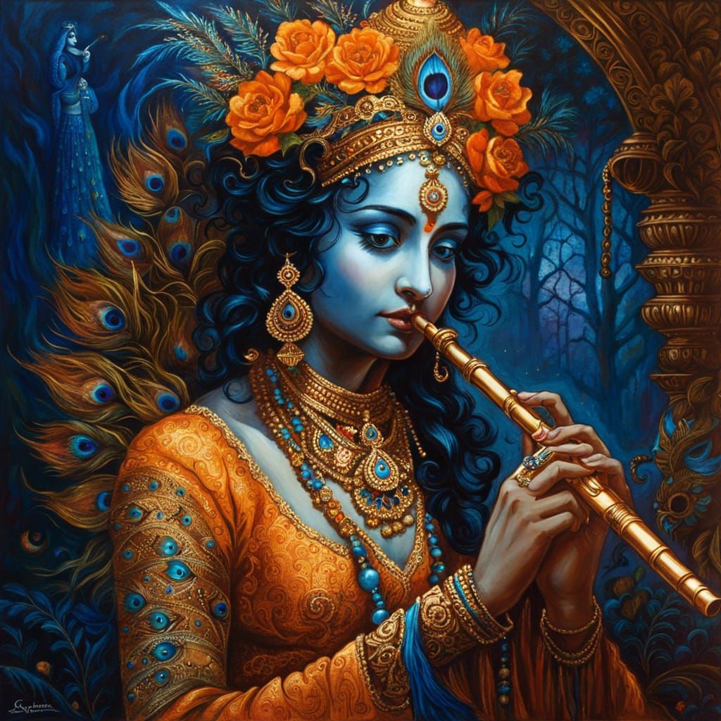 Lord Krishna Playing Flute in Dark Fantasy Lace Art