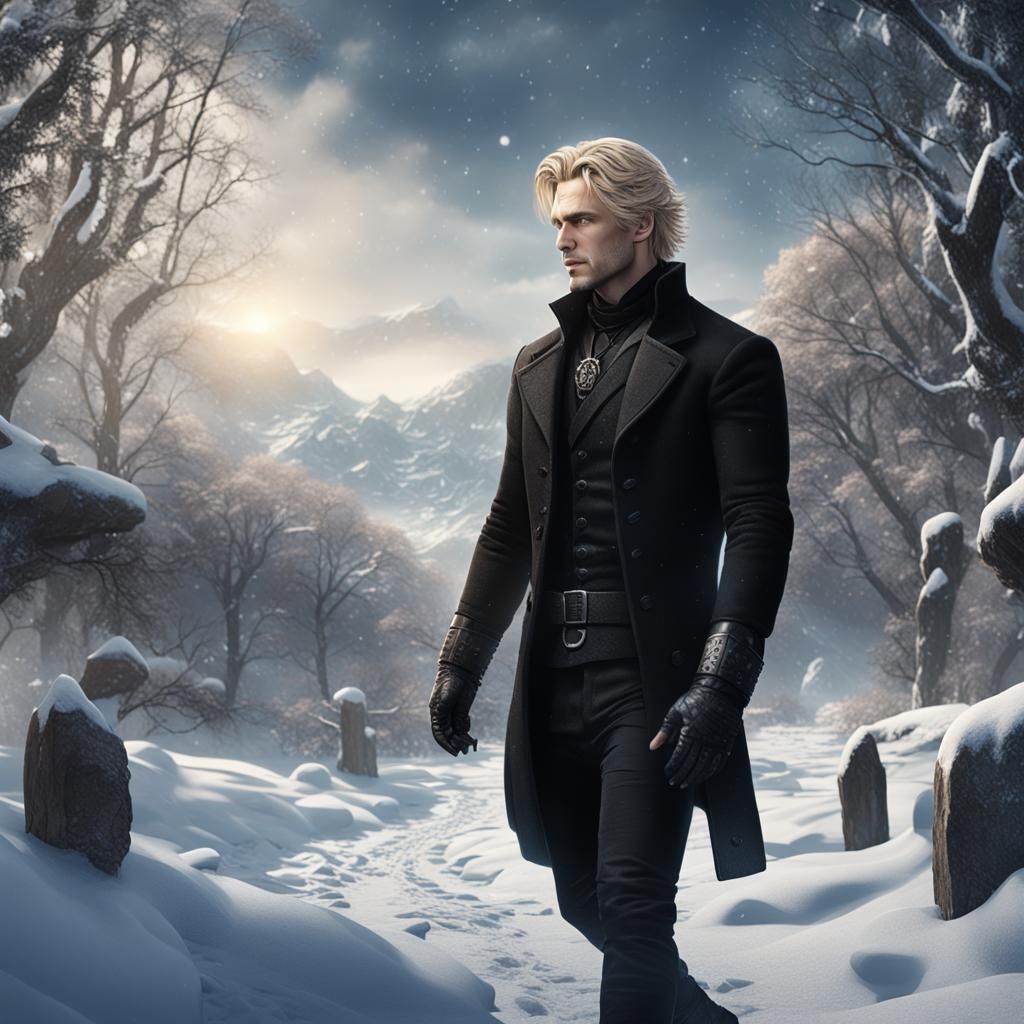 Blonde Man in Snow: Detailed Matte Painting