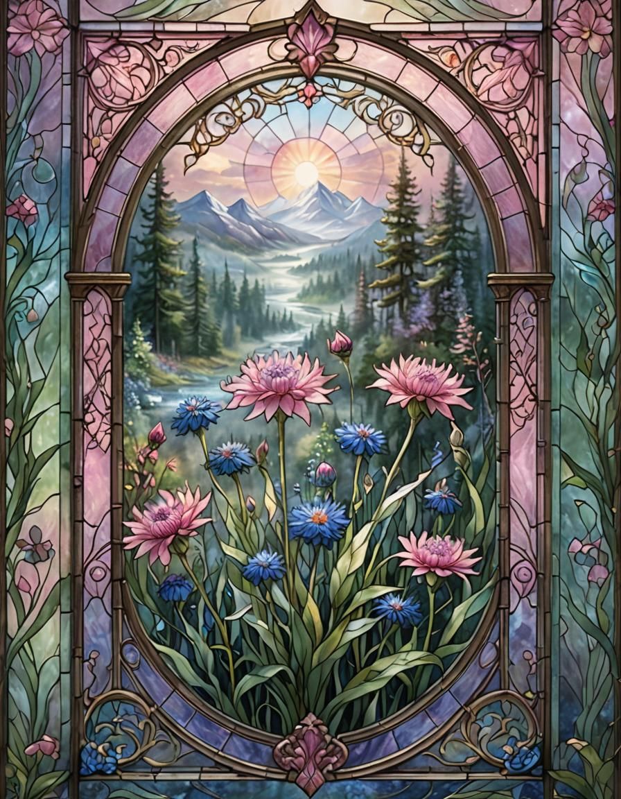 Pink Cornflower Stained Glass Art in Square Frame
