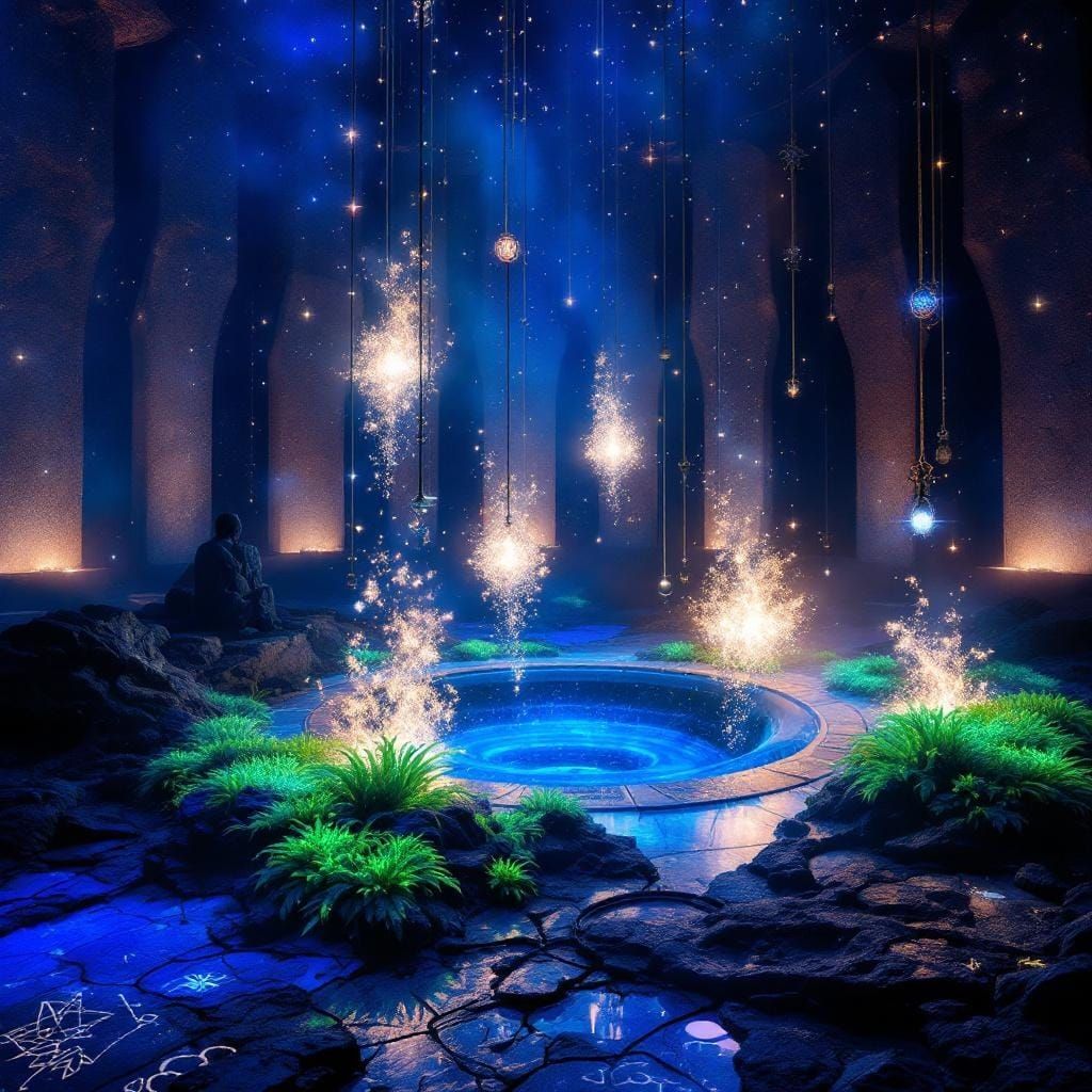 Surreal Ritual Space with Glitterglass, Monochrome-Blue