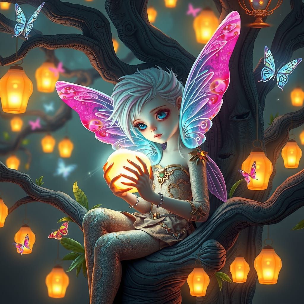 Futuristic Fairy in Glowing Tree: Digital Art