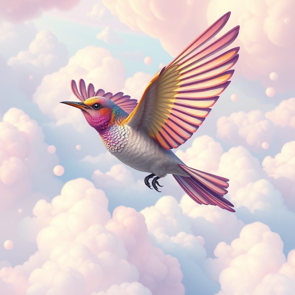 Mystical Bird Flies in Dreamy Pastel Sky