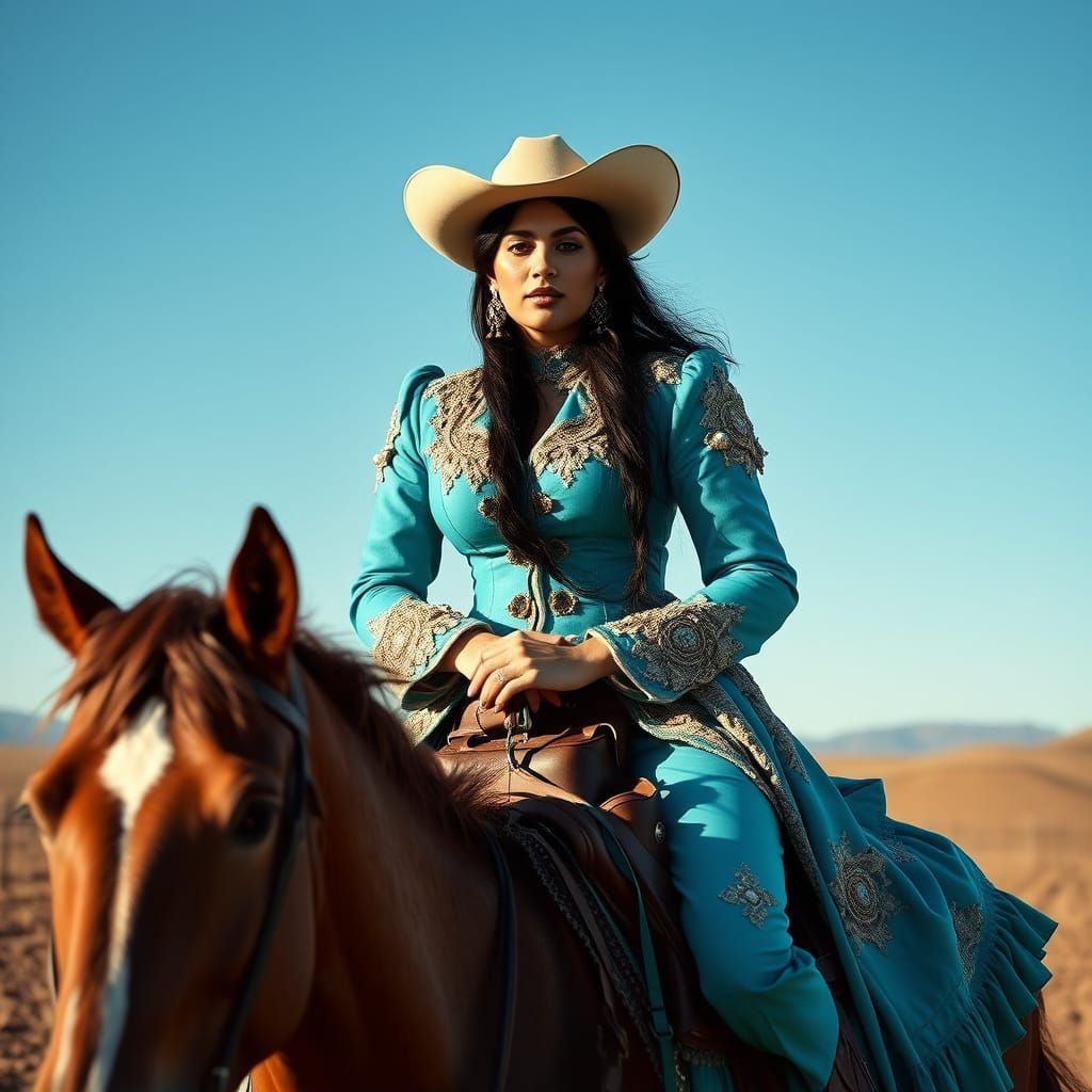 Rodeo Cowgirl in Turquoise Nudie Suit, High-Fashion Photo