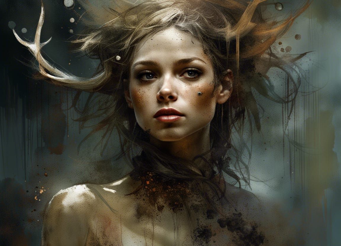 Deer Woman Portrait in Mixed Media Style